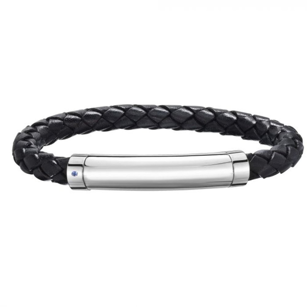 Sterling Silver Men's Leather Bar Bracelet With Blue Saphire